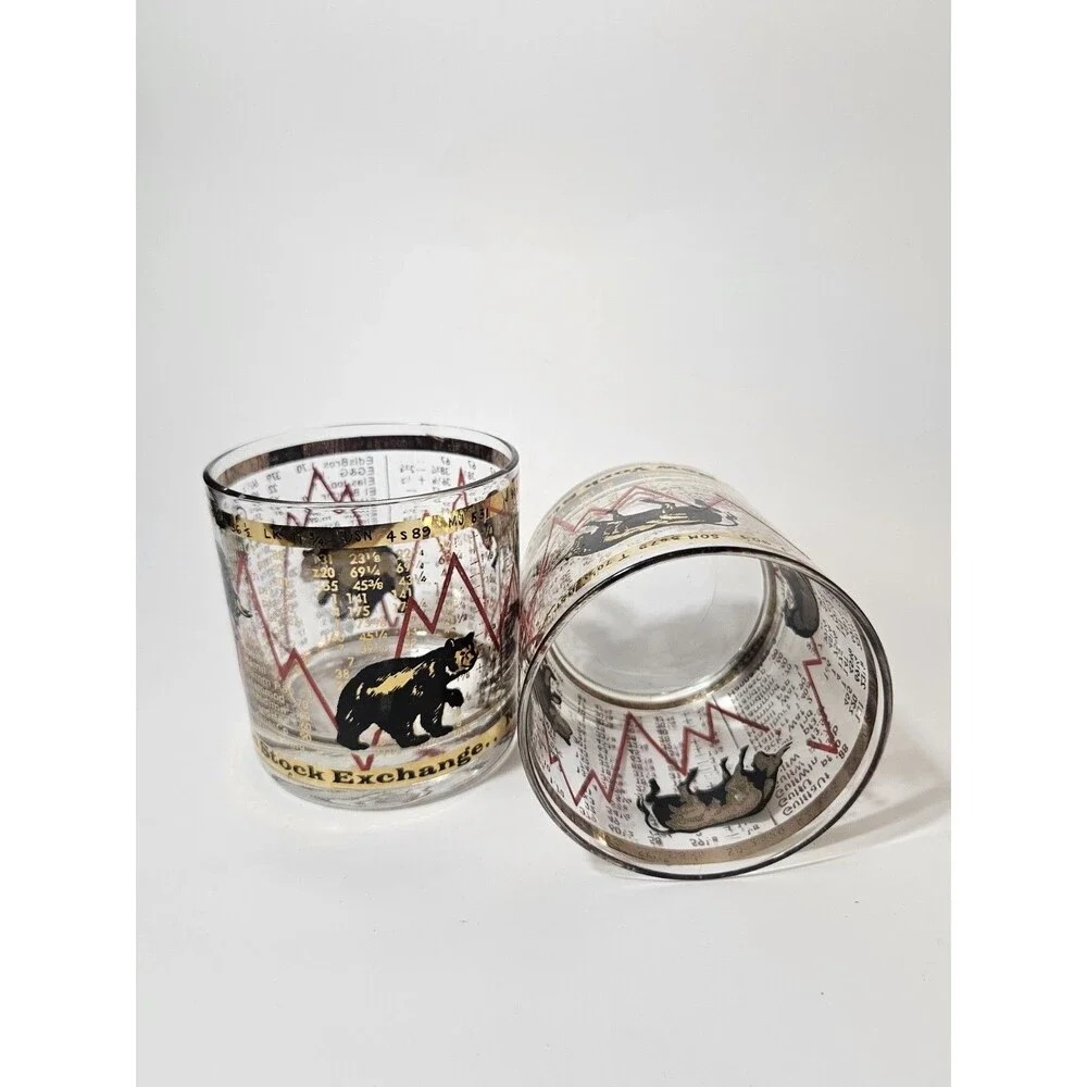 Set of 2 Vintage MCM Hammacher Schlemmer Stock Market Bull/Bear Lowball Glasses